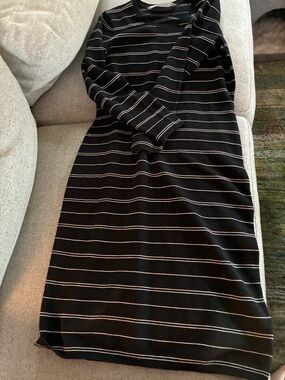 Athleta Black Dress with Thin White Stripes Long Fitted Wool Blend Long Sleeves
